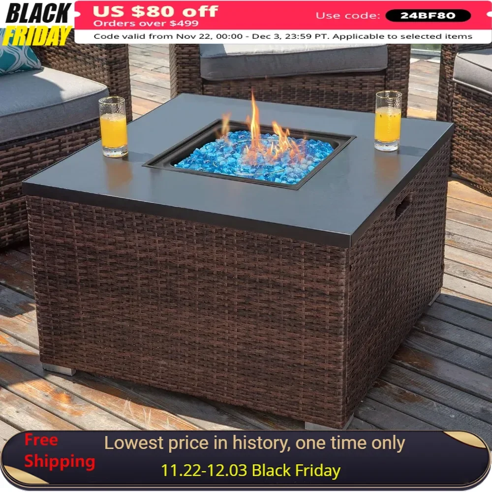 32-inch Fire Pit Table, Stainless Steel Burner, Fits 20lb Tank Outside, Aqua Blue Fires Glass and Cover, Square Wicker Fire Pit