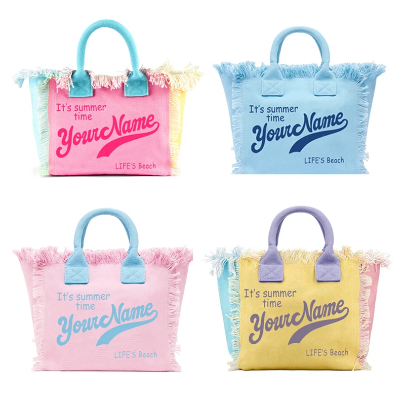 

Summer American Style Customizable Printing Name Women's Tassel Handbag Letters Canvas Tote Medium Size Bag Wedding Gift