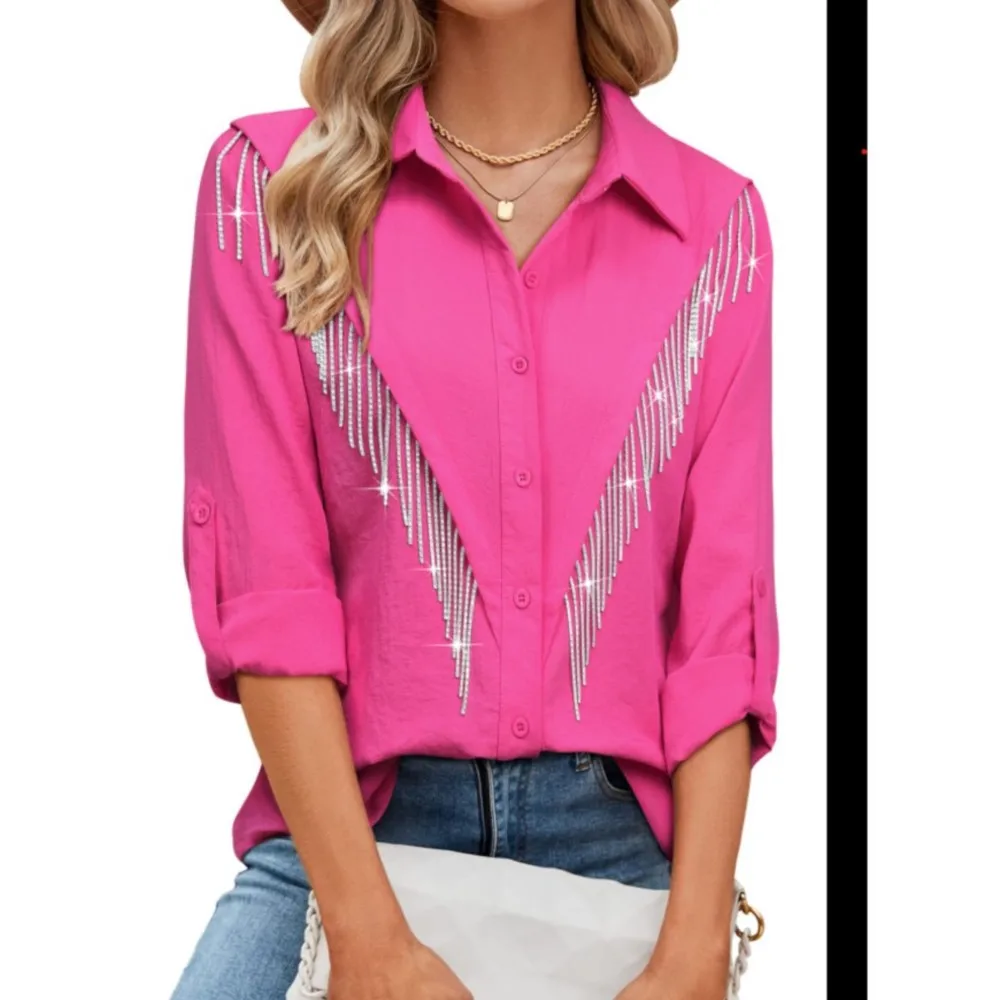 Fashion Sparkling Rhinestone Fringe Button Women's Shirt Spring Summer New Casual Loose Simple Female Office Long Sleeve Shirt