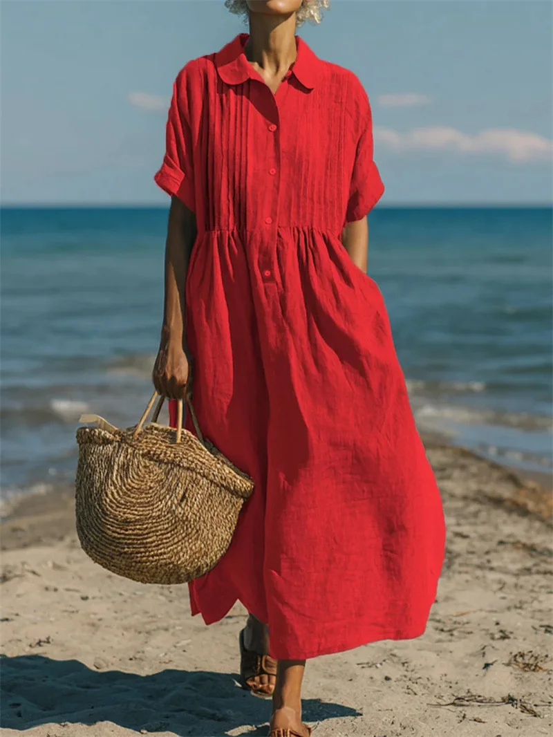 Women Simple Style Solid Color Cotton Linen Dresses Lapel Pleated Short Sleeve Sundress Summer Casual Beach Vacation Long Dress view 6