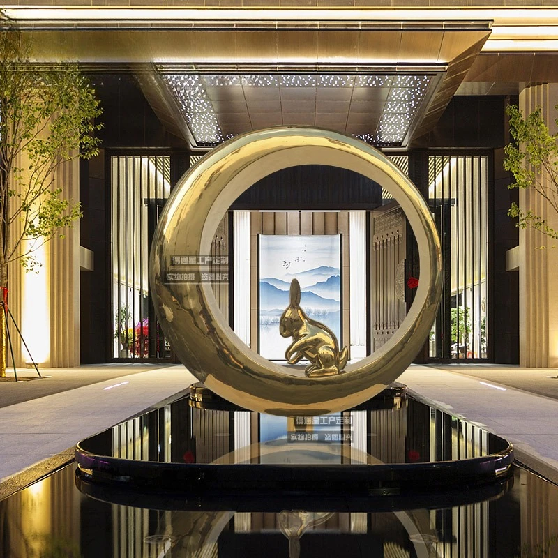 Garden Landscape Community Hotel Decoration Stainless Steel Metal Animal Rabbit Moon Circle Mirror Sales Office Sculpture