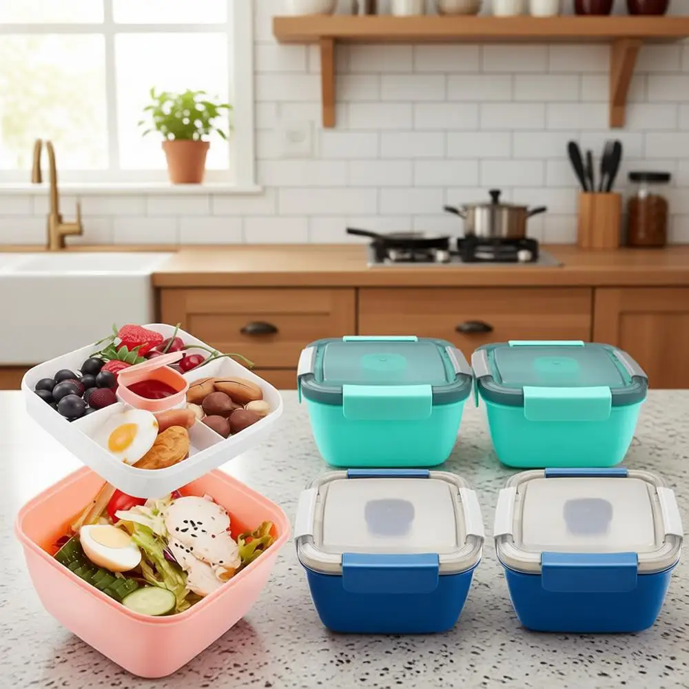 

Многоразовый набор контейнеров для салатов и обедов на 50 унций с 3 отделениями для взрослых - штабелируемые, без BPA, в цветах: розовый, синий, зеленый.