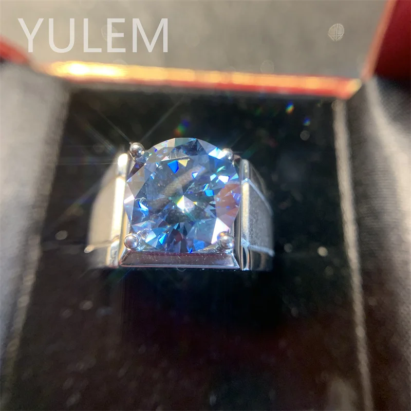 YULEM Big Size Blue Moissanite Men Ring 5ct 11x11mm Rings for Men 925 Silver Luxury Jewelry Best Gift for Men