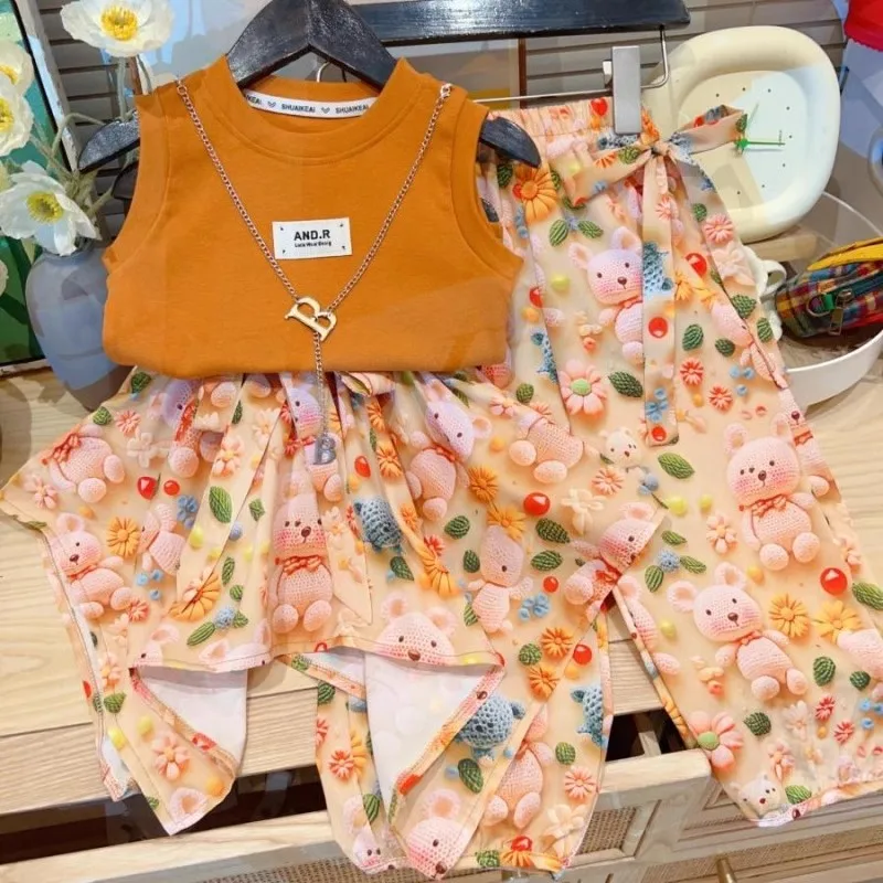 

TOY-Girls' Summer Outfit2025New Stylish Children's 3D Cartoon Bear Girl Fashion Trendy Three-Piece Set