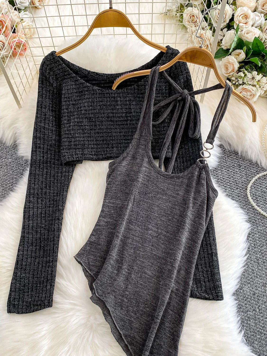 

Сексуальный трикотажный топ для американской девушки, комплект с открытыми плечами, асимметричный дизайн, внутренняя одежда, костюм с высокими бретелями