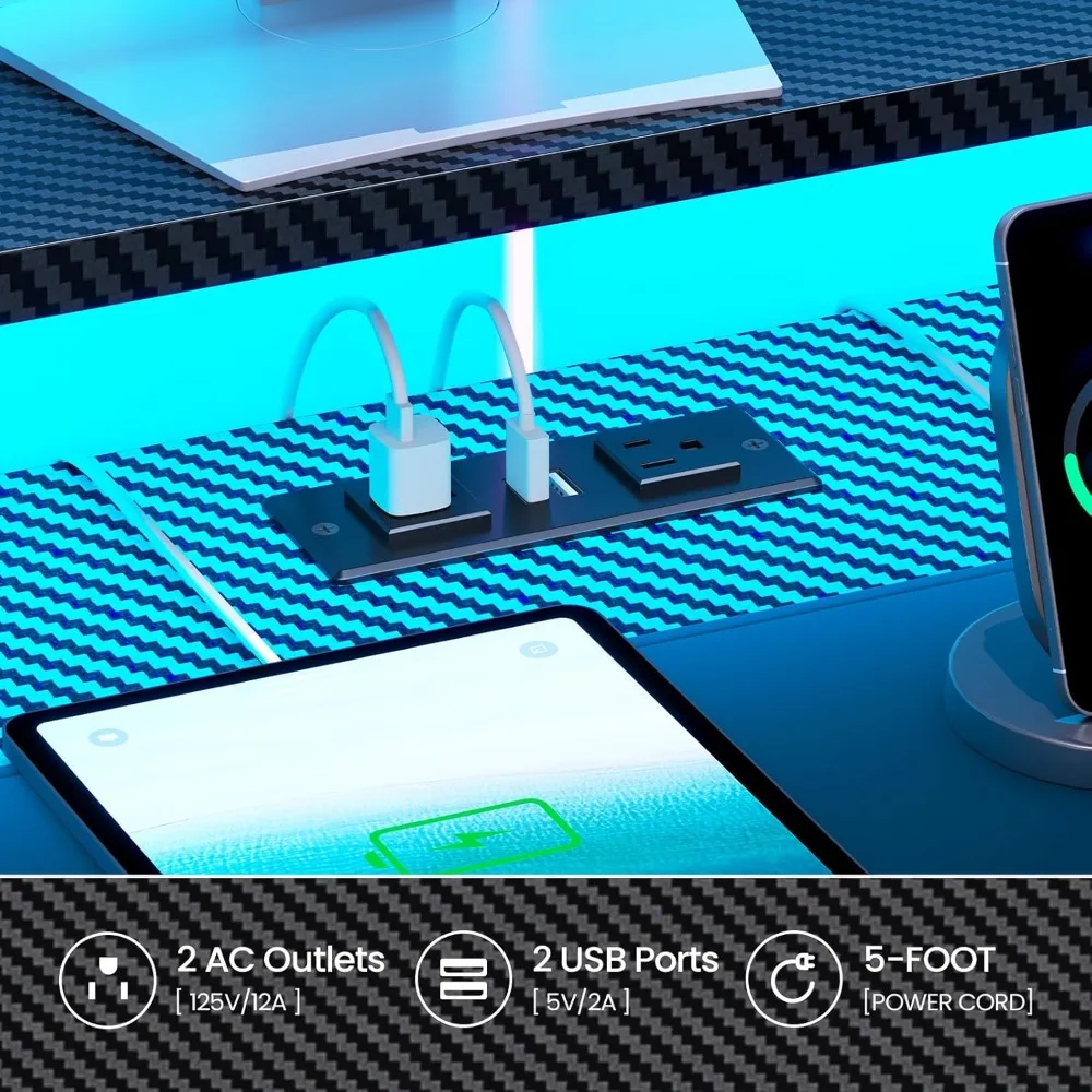 مكتب ألعاب مقاس 79 بوصة مع درجين من القماش، ومكتب كمبيوتر طويل مع شريط طاقة وأضواء LED، ومكاتب على شكل حرف U مع مساحة تخزين وحامل أكواب