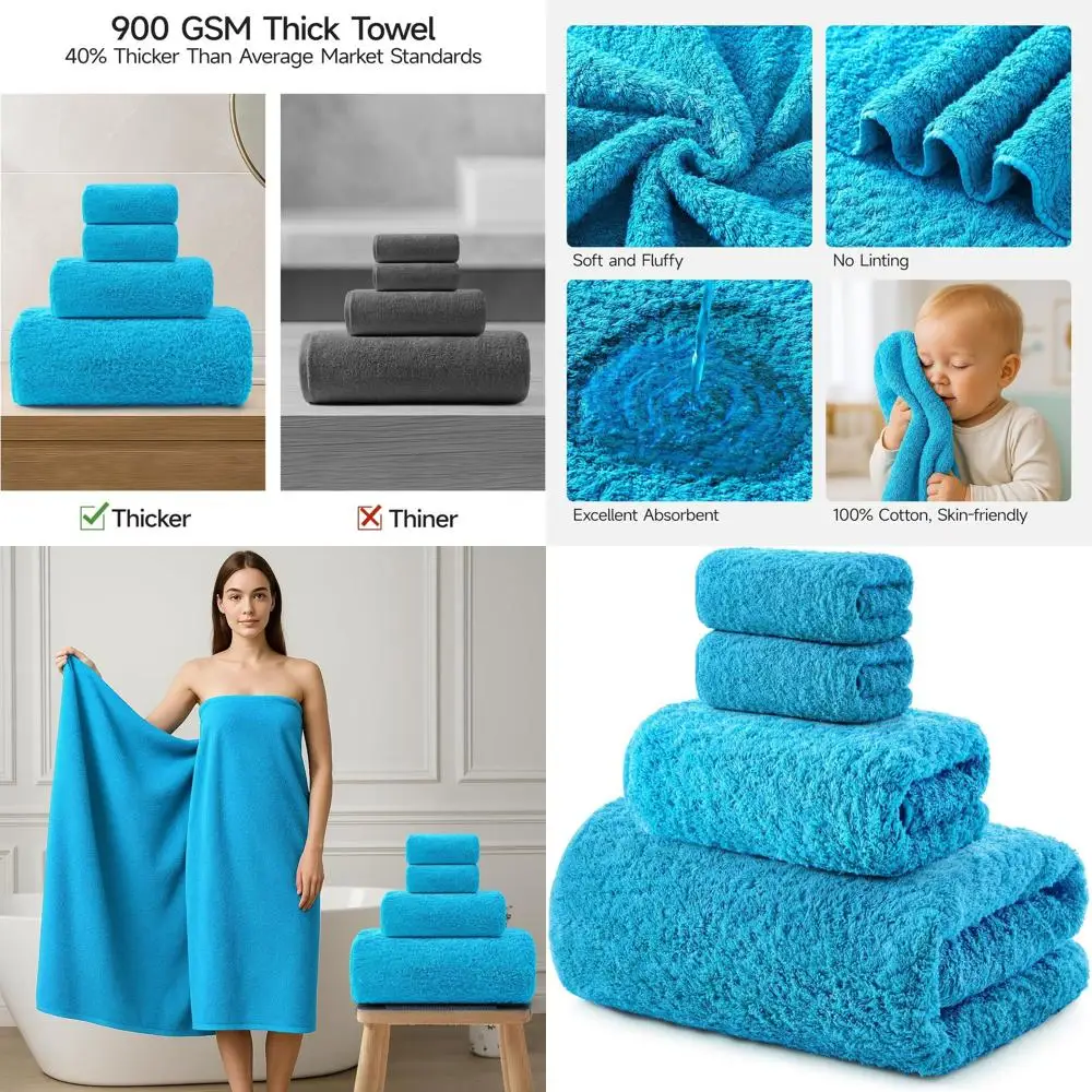 

Набор из 4 роскошных хлопковых банных полотенец, 900 GSM, ультрамягкие, впитывающие и быстросохнущие полотенца спа-качества для дома