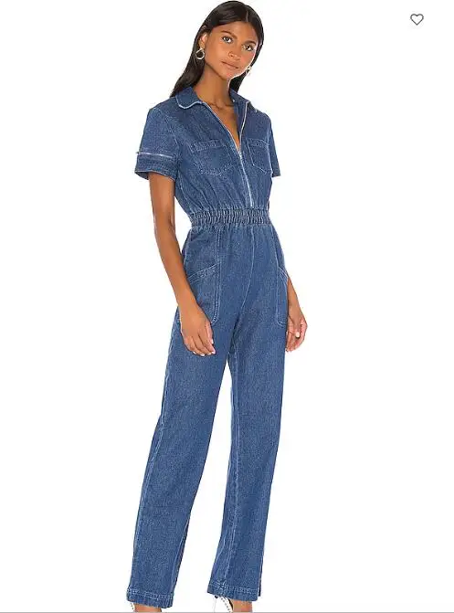 

Женский летний костюм KK Denim: комбинезон с утягивающим поясом, укороченный рукав, уличный стиль, хлопковая ткань, длинные брюки, коллекция Summer Collection