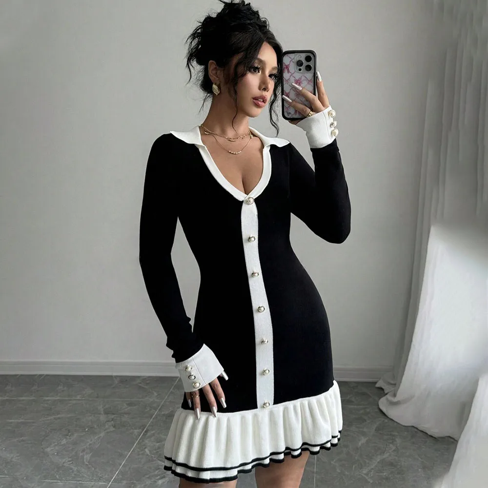 Talenza Knitted Ruffled Lace Up Mini Dress Women\'s Elegant Long Sleeve Single Breasted Evening Dress Patchwork Bow Mini Dress