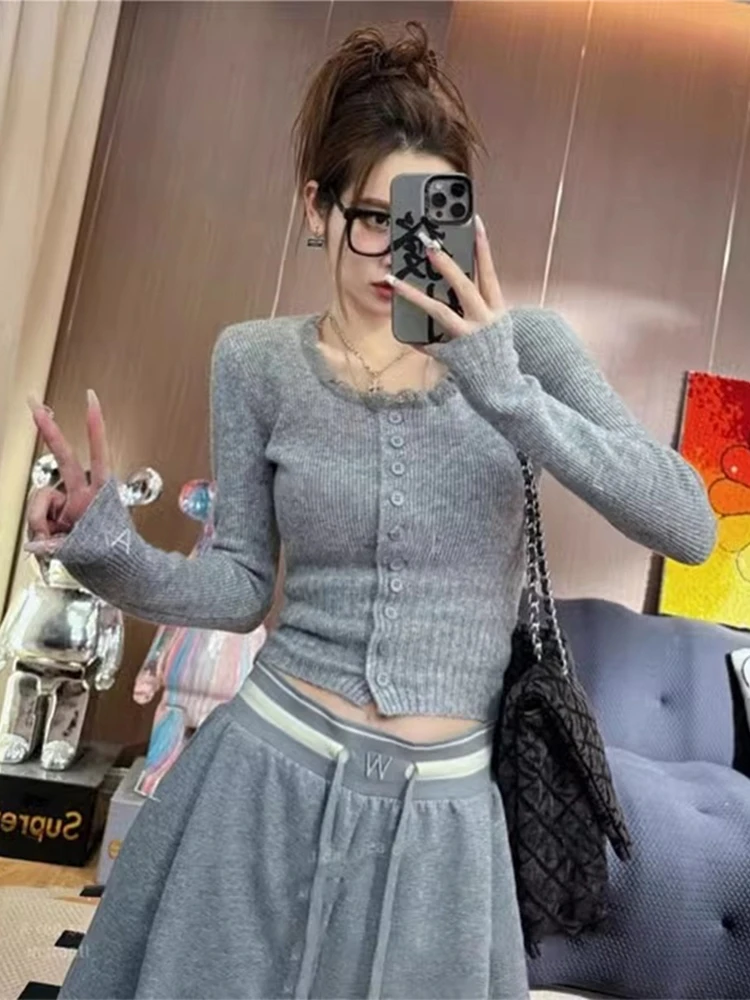 Cárdigan abierto de punto largo con empalme de encaje dulce coreano para mujer Otoño Invierno nueva ropa interior delgada Top básico