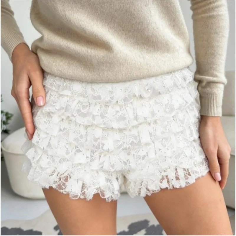 Womens Lace Ruffle Trim Mini Shorts Bloomers Y2k Coquette Solid Color Layered Elastic Low Rise Boxer Knickers 2026 Summer