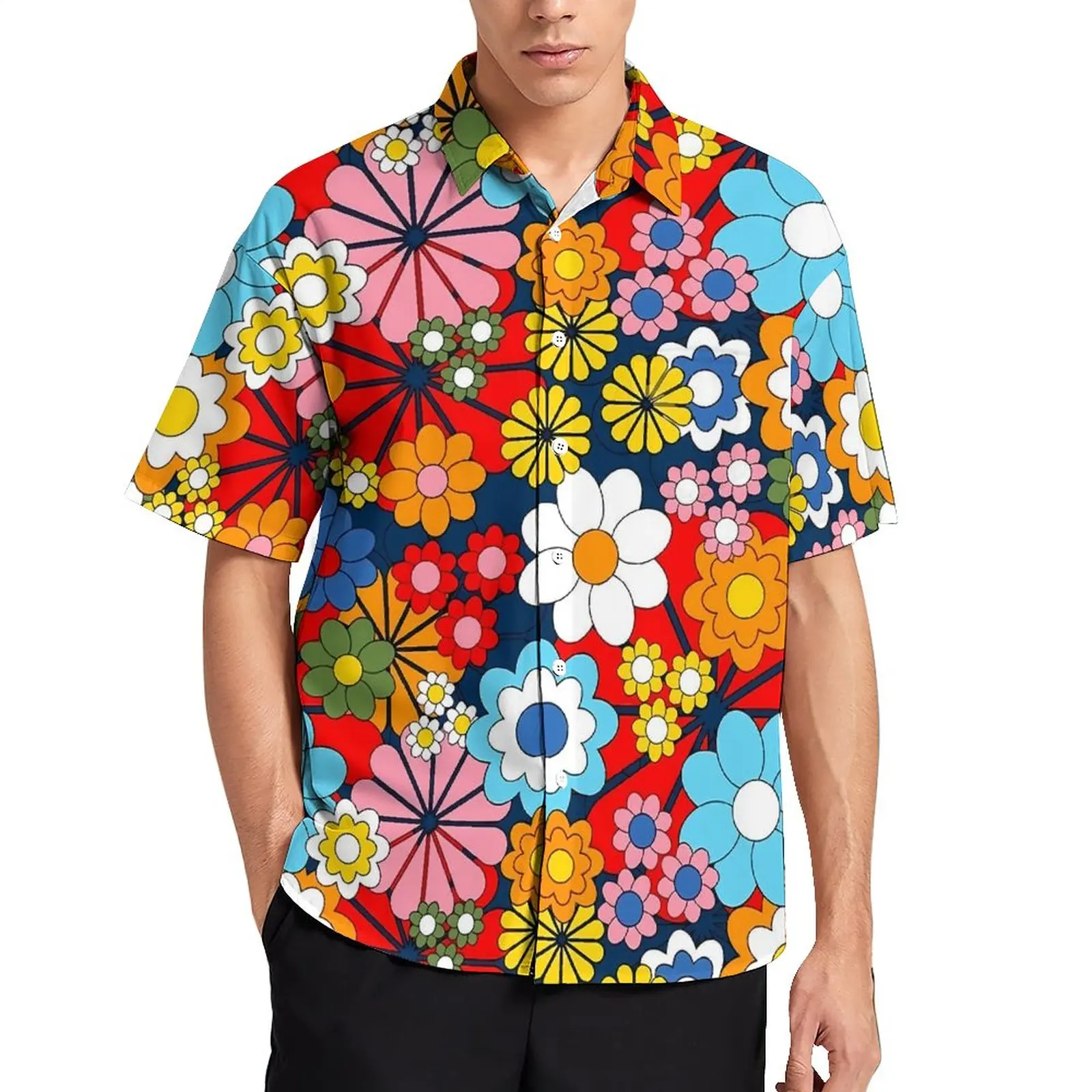 Floral Print Hawaii Casual Shirts Mens Bright Flower Power Harajuku Vacation Retro Esthetic Blouses Short Sleeve Graphic Clothes