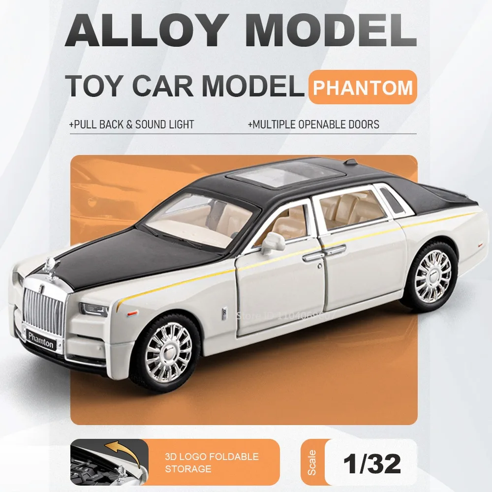 

1:32 Model Toy Car Rolls-royce Phantom Silver Spur Alloy Diecast Sound Light Doors Opened Pull Back Simulation Vehicles for Kids