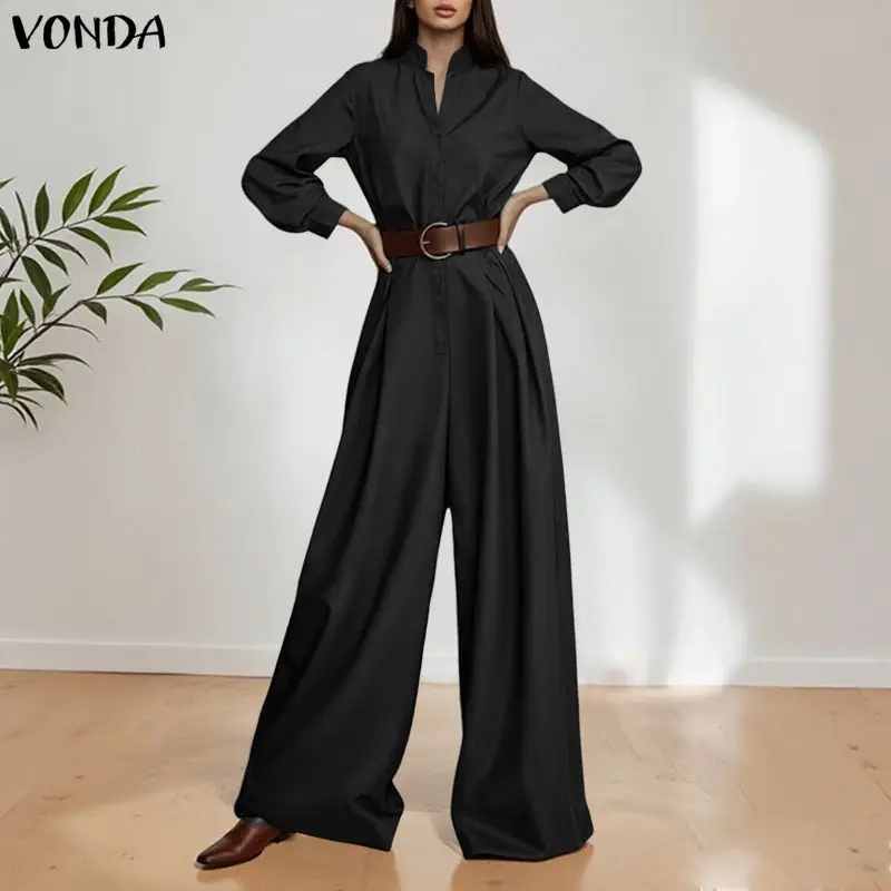 

ZANZEA Women Solid Long Jumpsuits 2026 Summer Fashion Long Sleeve Rompers Casual Stand Collar Loose Overalls Streetwear Work