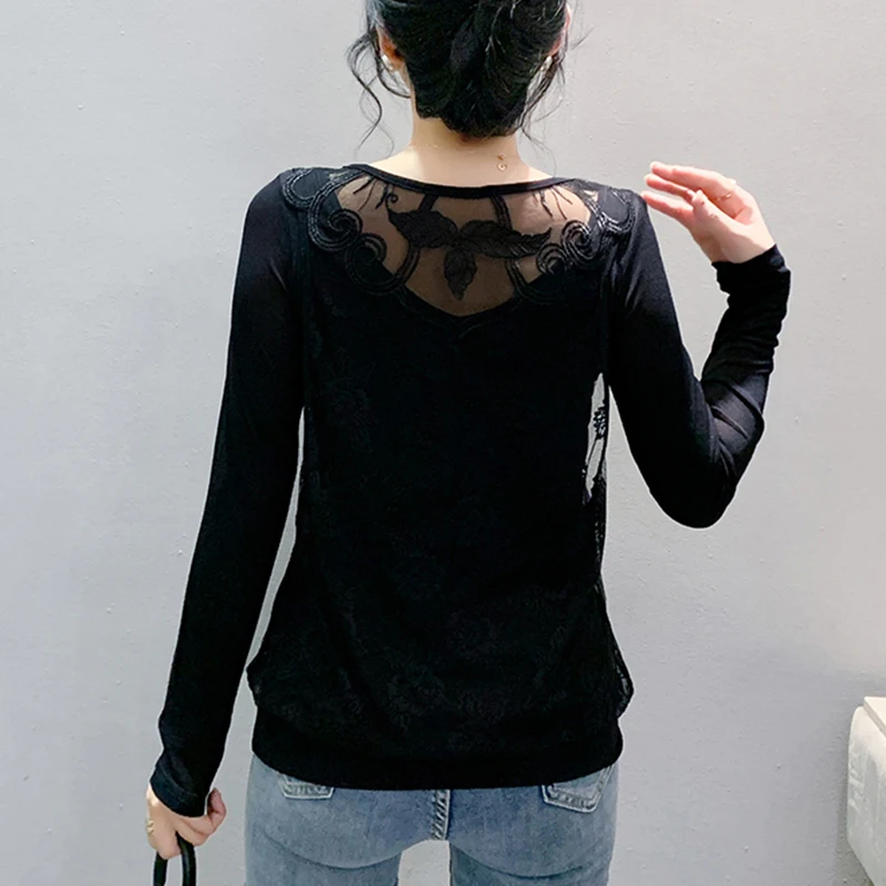 Black Korean Style Fall Winter T-Shirt Sexy V-Neck Figured Cloth Diamonds Butterfly Women's Tops Long Sleeve Tees 2024 New 49501