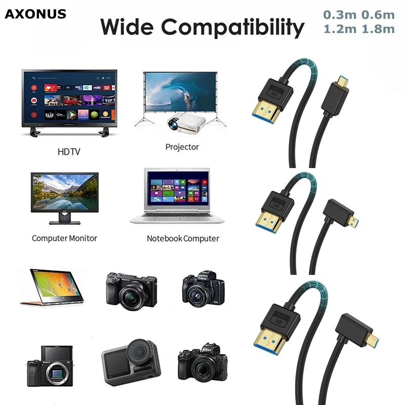 Câble en silicone compatible Micro HDMI vers HDMI, câble de connexion haute définition pour appareil photo numérique, version 0.3, 8K, 60Hz, 4K, 2.1Hz, 120 m