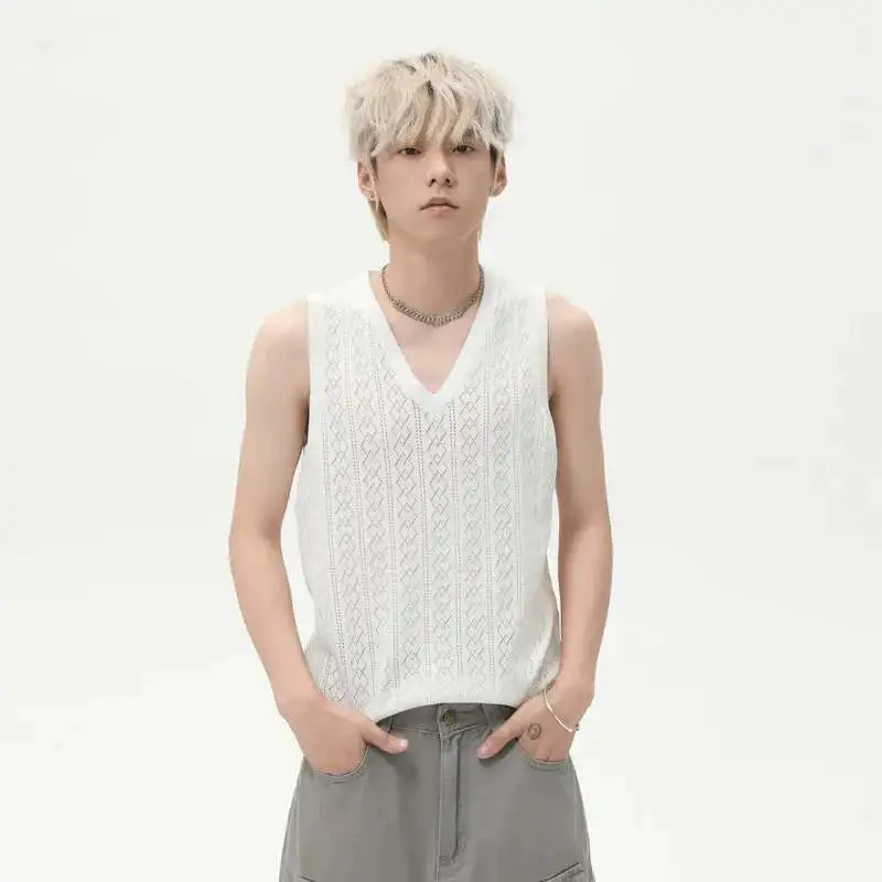 

2025 Summer Jacquard Men's Wear Vests Knitting V-neck Sleeveless Loose Male T-shirt Korean Style Pullover Menswear