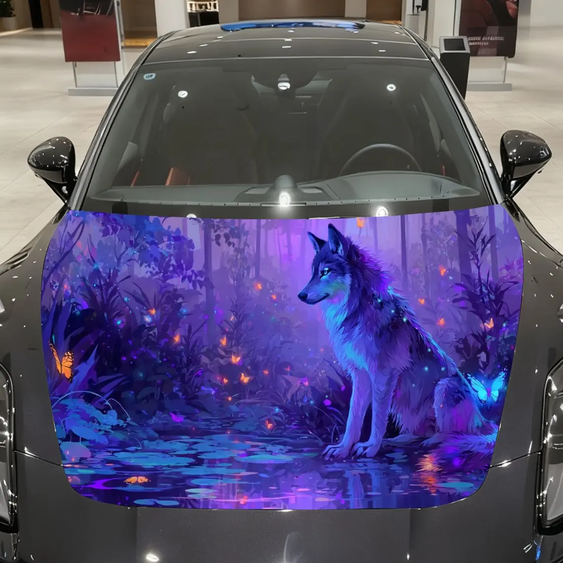 

Wolf and Butterflies in Fluorescent Jungle Car Vinyl Wrap, PVC Material Waterproof Car Hood Sticker, Self-Adhesive Scratch-Resis
