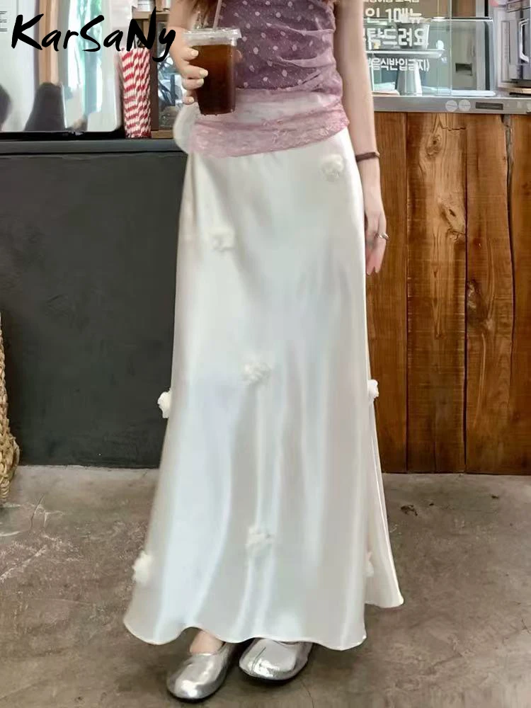 Elegant Summer Satin Midi Skirt with Floral Design for Women