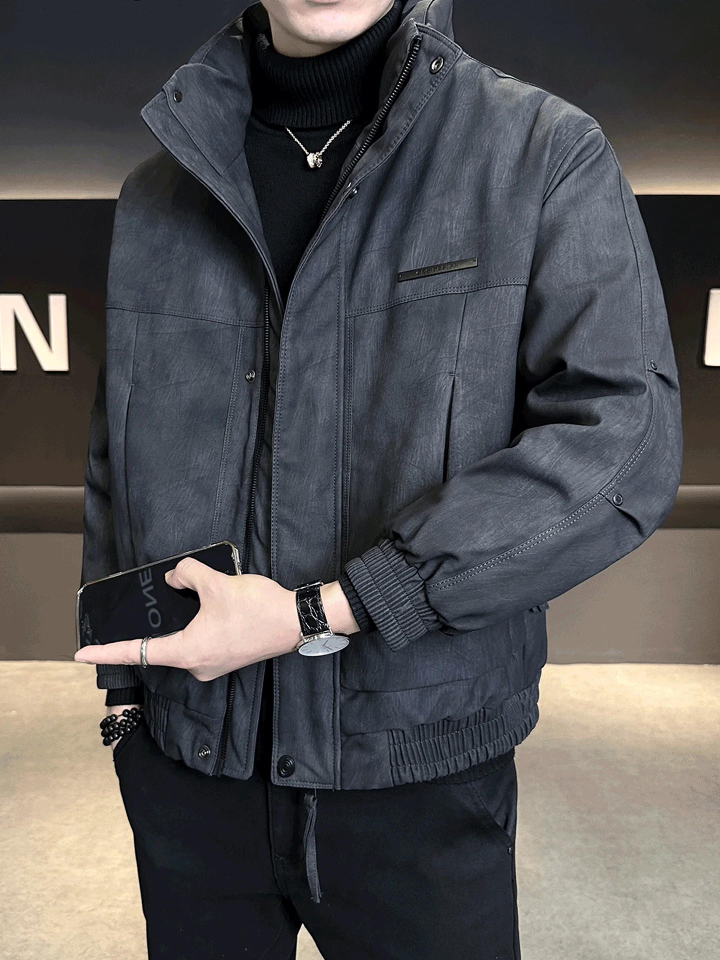 

Warmth Men's Winter Du down Jaet Stand Collar Motorcycle Sle Anti-Cold High-End Sensation Faionable Youth Leisure Out...