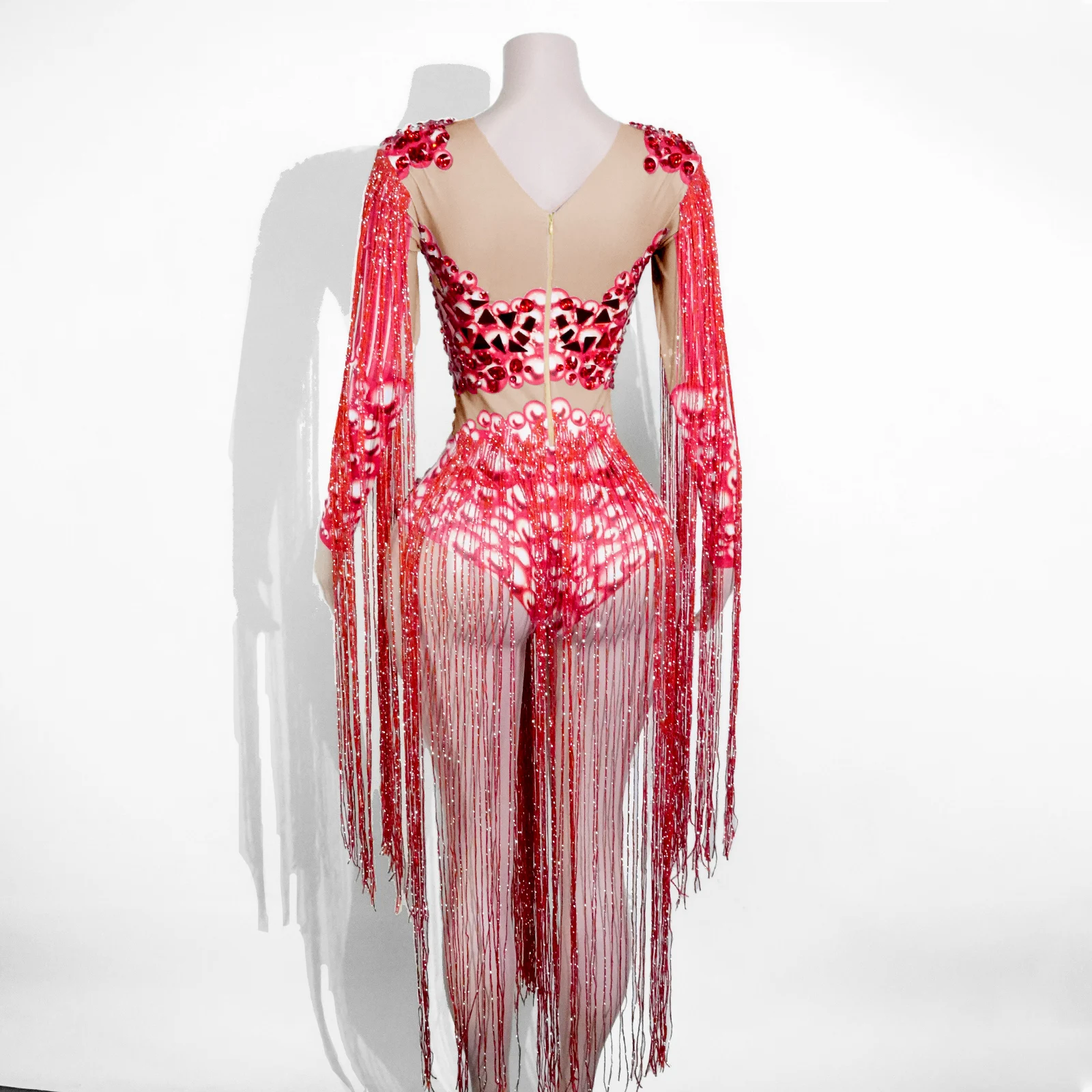 Traje de una pieza con borlas y lentejuelas rojas para actuación en escenario, club nocturno, Dj, fiesta de cumpleaños, cantante, Drag Queen, traje ajustado, disfraz de Gogo