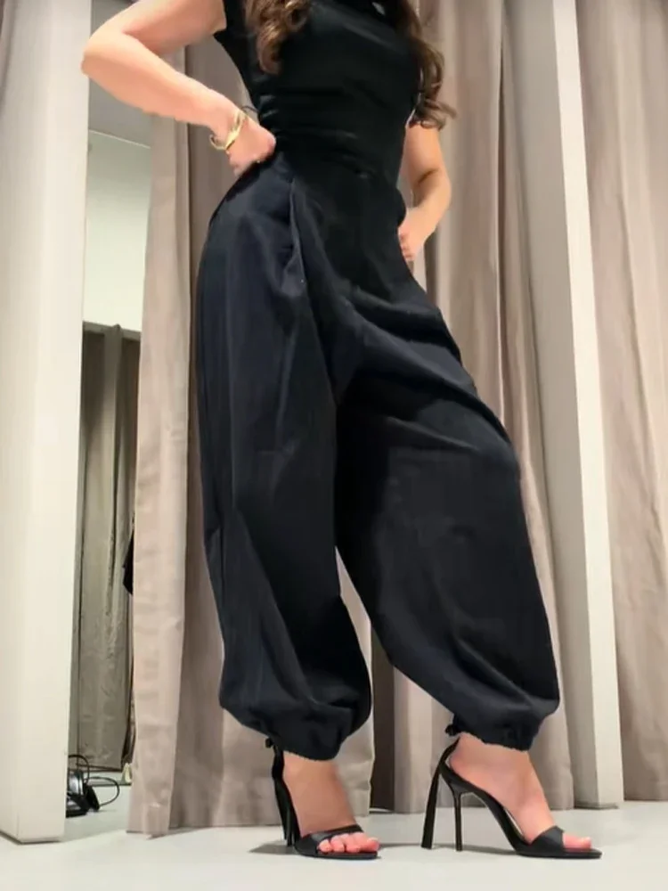 ソリッドブラックバギーハーレムパンツ女性のカジュアル弾性カフハイウエストルーズパンツ 2026 新作春秋シックなストリートウェア