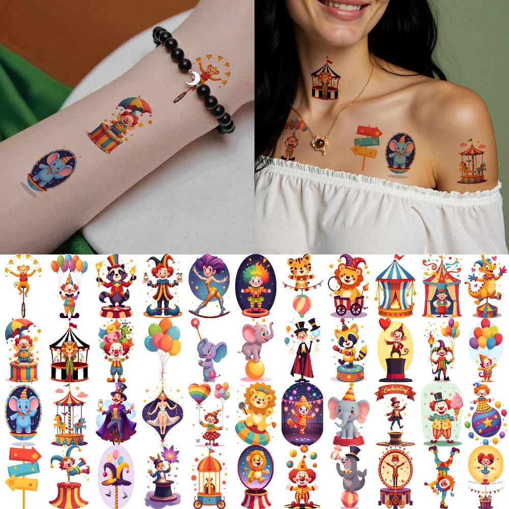 

63 шт. временная татуировка цирковой слон временные татуировки наклейки клоун жонглер воздушный шар пучок мультфильм карусель лошадь для