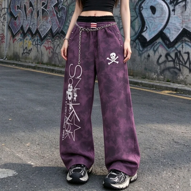 Tie Dye Wide Leg Sweatpants Skull Print Rivet Decor Elastic Waist Streetwear Loose Casual Trousers