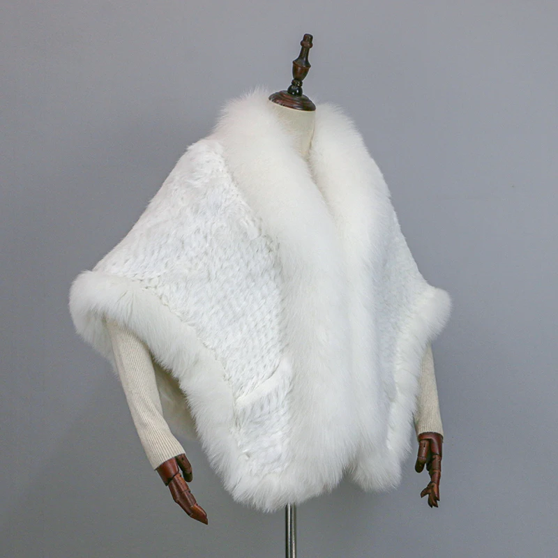 Women 100% Real Rabbit Fur Cape with Fox Fur Collar Winter Warm Knitted Cloak Rabbit Fur Poncho Girls Party Fashion Shawl Scarf