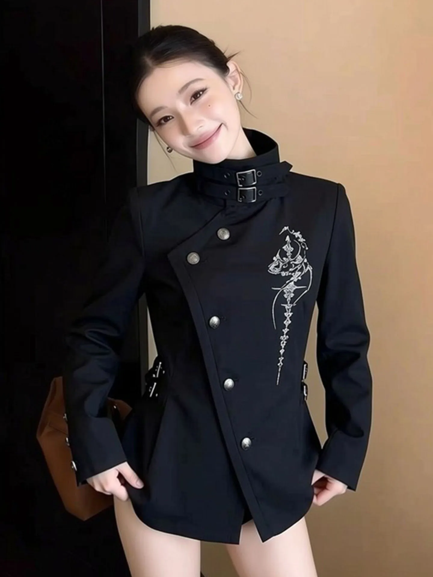 

Ele Bla Stand Collar ort Jaet Women's Faion Print Slim Fit Sli Spring 2026 Top Coat Button Closure Long Sve