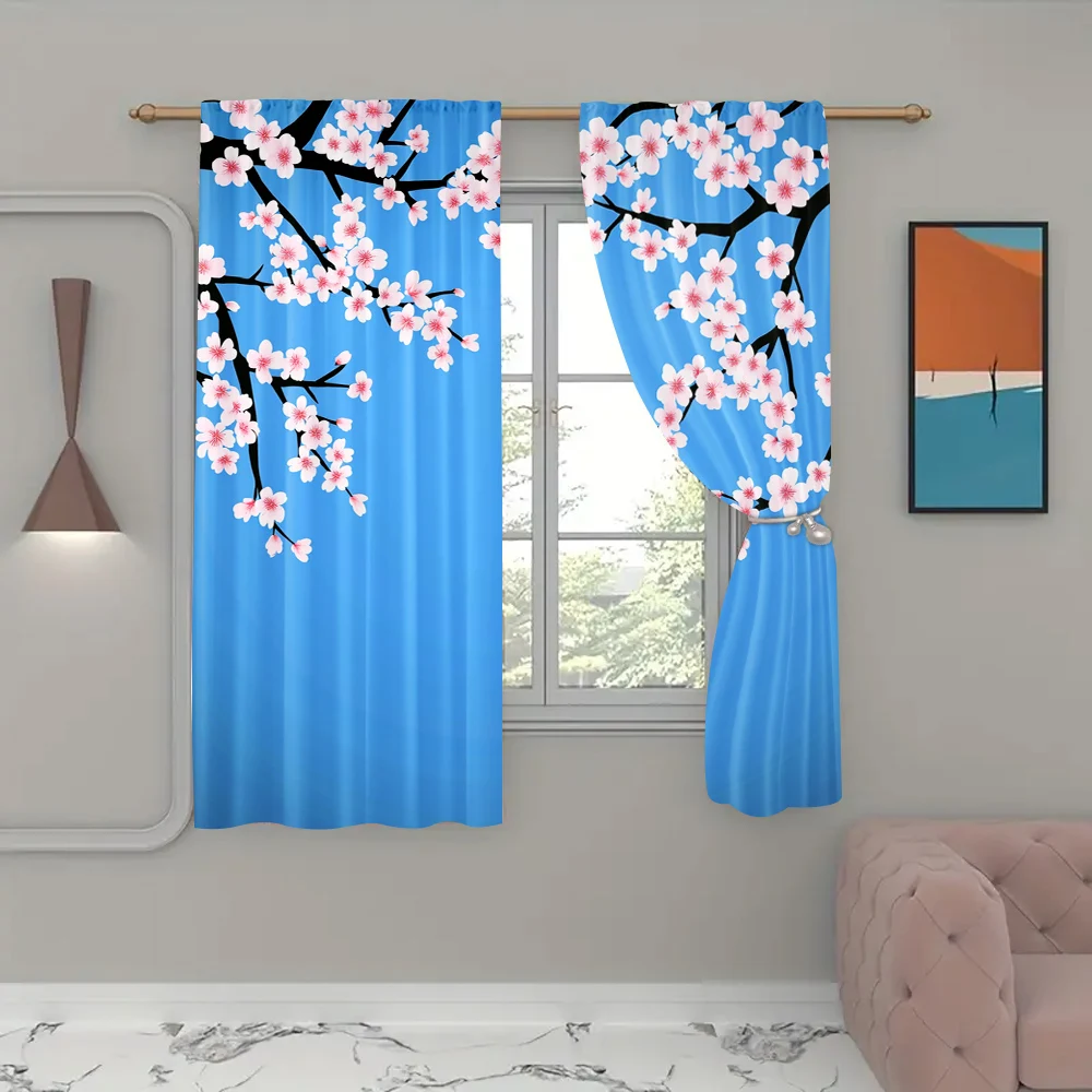 2Pc Japanese Curtains Spring Season Sakura Flower Bloom Design Marine Toned Ombre Background Living Room Bedroom Window Drapes_f