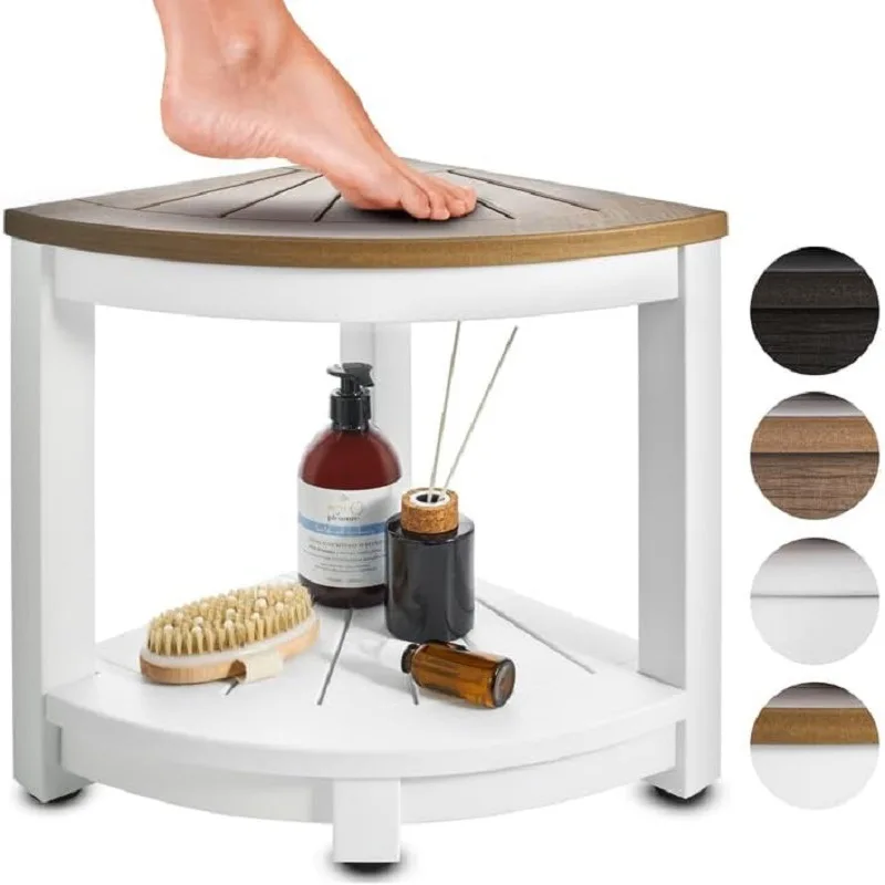 

Corner shower stool with storage rack, shower chair, wood