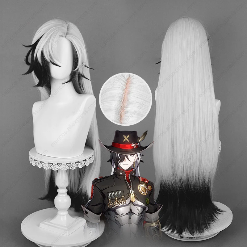 HSR-Boothill Cosplay Wig, Longo, Prateado, Branco, Misto, Perucas Pretas, Resistente ao Calor, Cabelo Sintético, 92cm