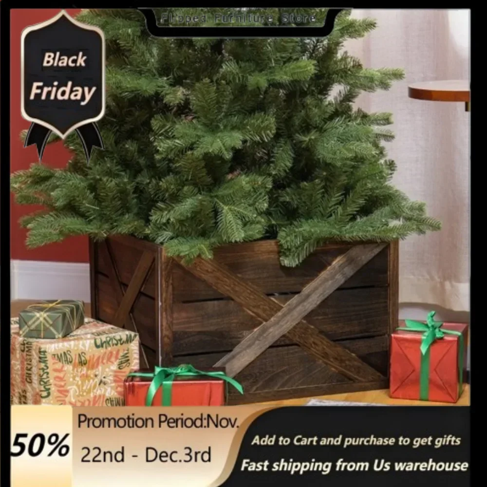 A farmhouse-style Christmas box with distressed finishes and a rustic X-shaped pattern in carbonized solid paulownia wood