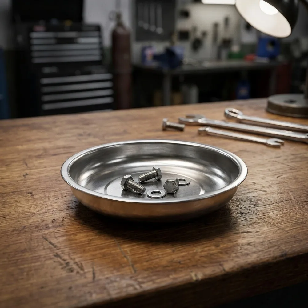 Stainless Steel Magnetic Parts Tray with Powerful Magnet for Horizontal Vertical or Upside Down Mounting in Workshop