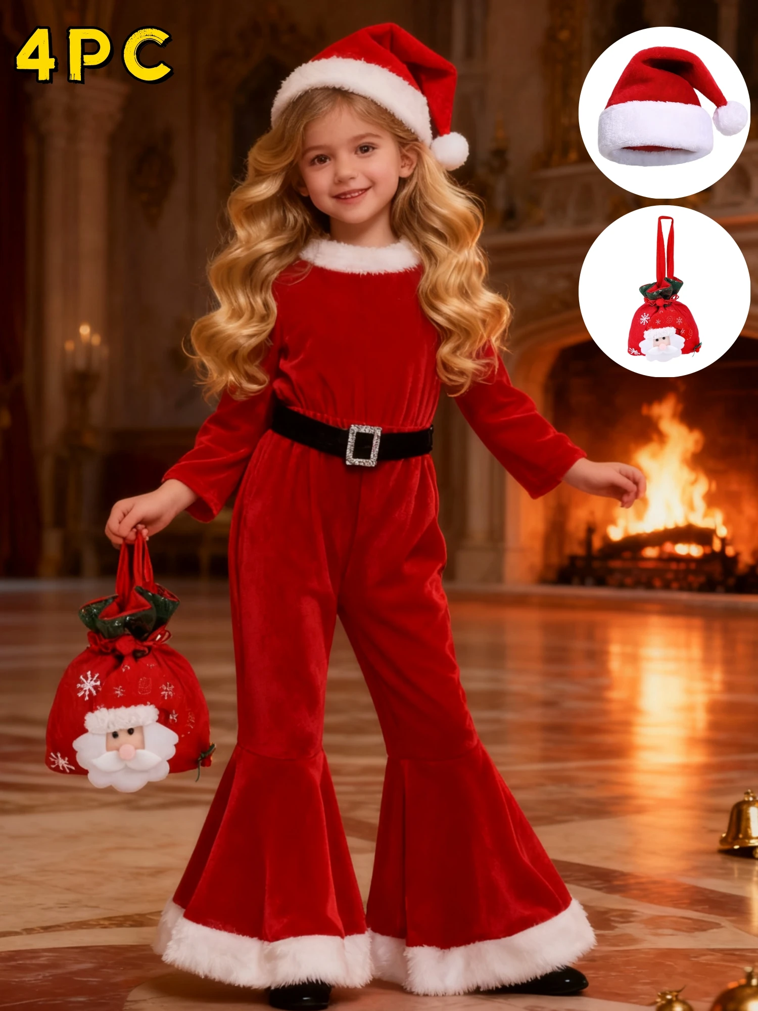 

Новая рождественская одежда для девочек, зимний красный плюшевый бархатный комплект из теплых брюк-клеш с длинными рукавами, сумка для рождественской шапки