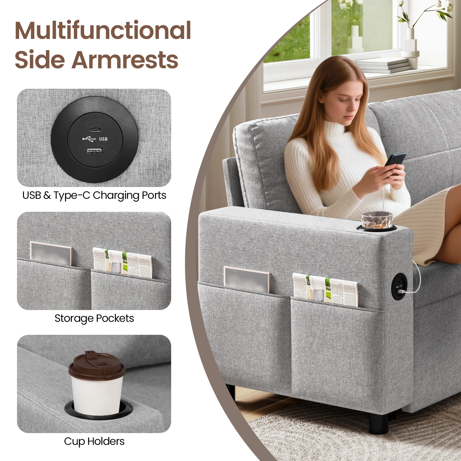 أريكة سرير، سرير أريكة على شكل حرف L، 3 في 1 أريكة مقطعية مع منافذ USB ونوع C وحاملين أكواب، أريكة زاوية قابلة للتحويل #4