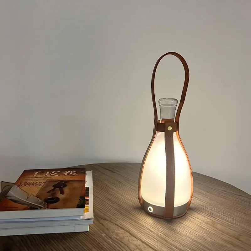 nordic glass bottle led desk lamp outdoor camping luz atmosfera arte criativa carregamento portatil leather bedside table 01