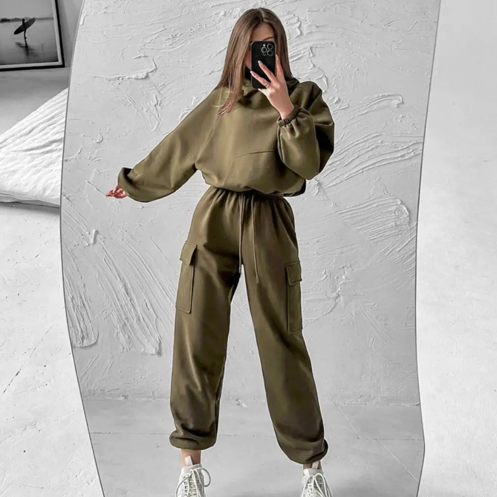 2 Pcs/Set Women Top Pants Set Hooded Long Sleeve Elastic Cuff Hoodie Drawstring High Waist Ankle-banded Trousers