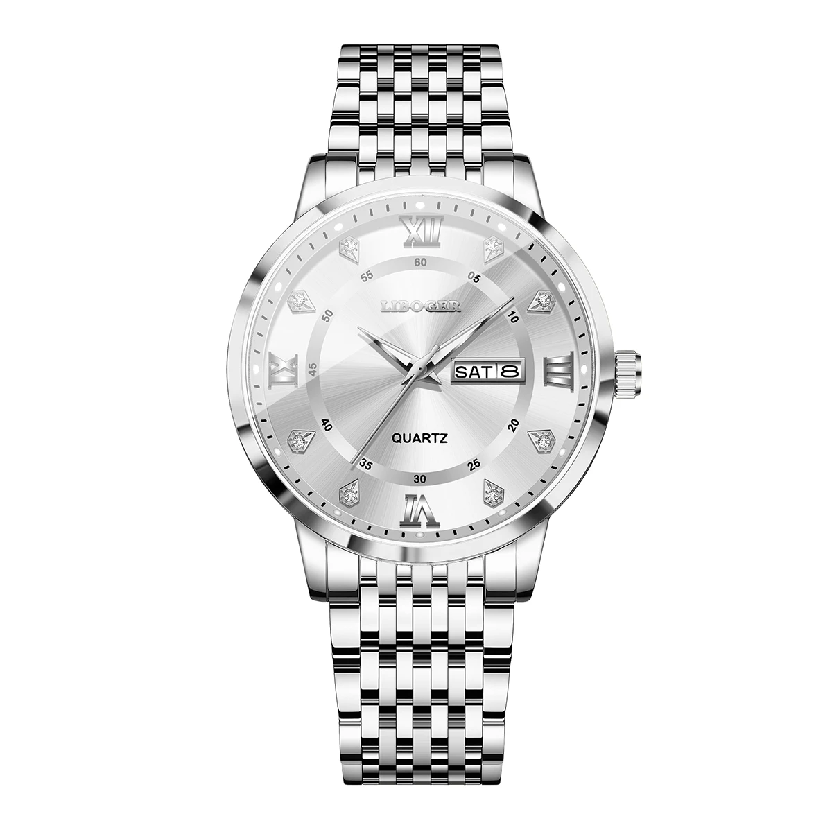 Modische Herren-Businessuhren mit Roma-Zifferblatt, Edelstahlarmband, Kalender, Quarz-Armbanduhr, Reloj Hombre (ohne Box)