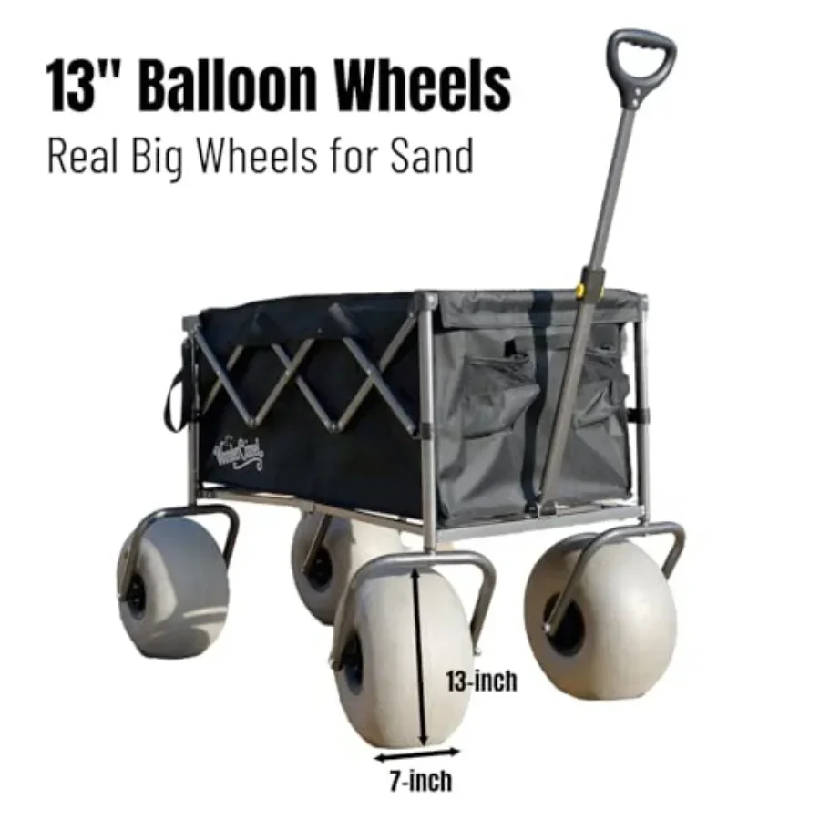 Beach wagon for sand use, aluminum alloy frame, black color, 13-inch balloon wheels with extended tailgate and compact folding
