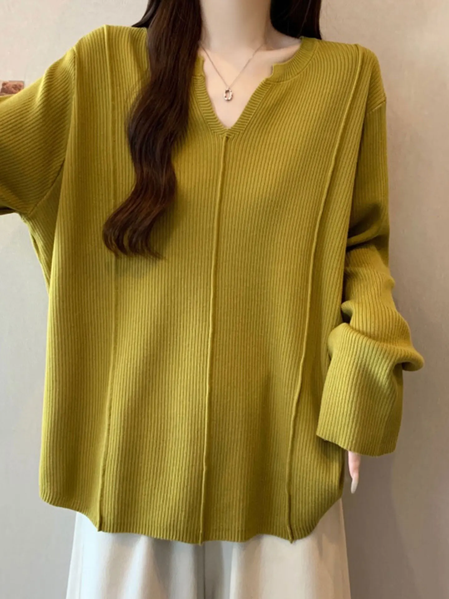 

Ladies' Long Sve V-Ne Knitted Sweater Mustard een Boting irt Faionable Versatile Base Layer Top for plus Size