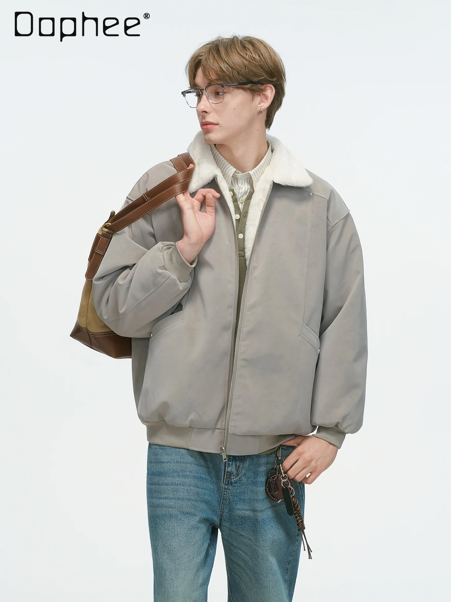 2025 الخريف الشتاء النمط الأمريكي الرجال سميكة الدافئة البني الرمادي الأسود صوف الضأن بدوره إلى أسفل طوق سترة قطن #1