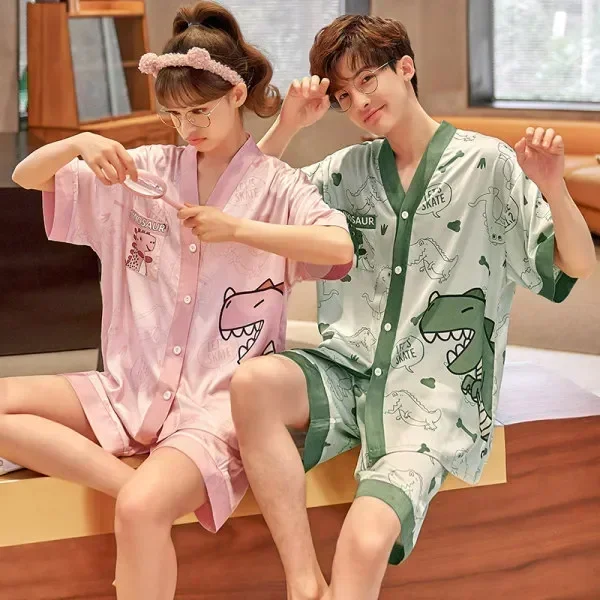 Silk Home Sleepwear Sets Suit Anime Korean Pijama Cat Men Adult Loose Women Pyjama V-neck Couple Pajama Clothes