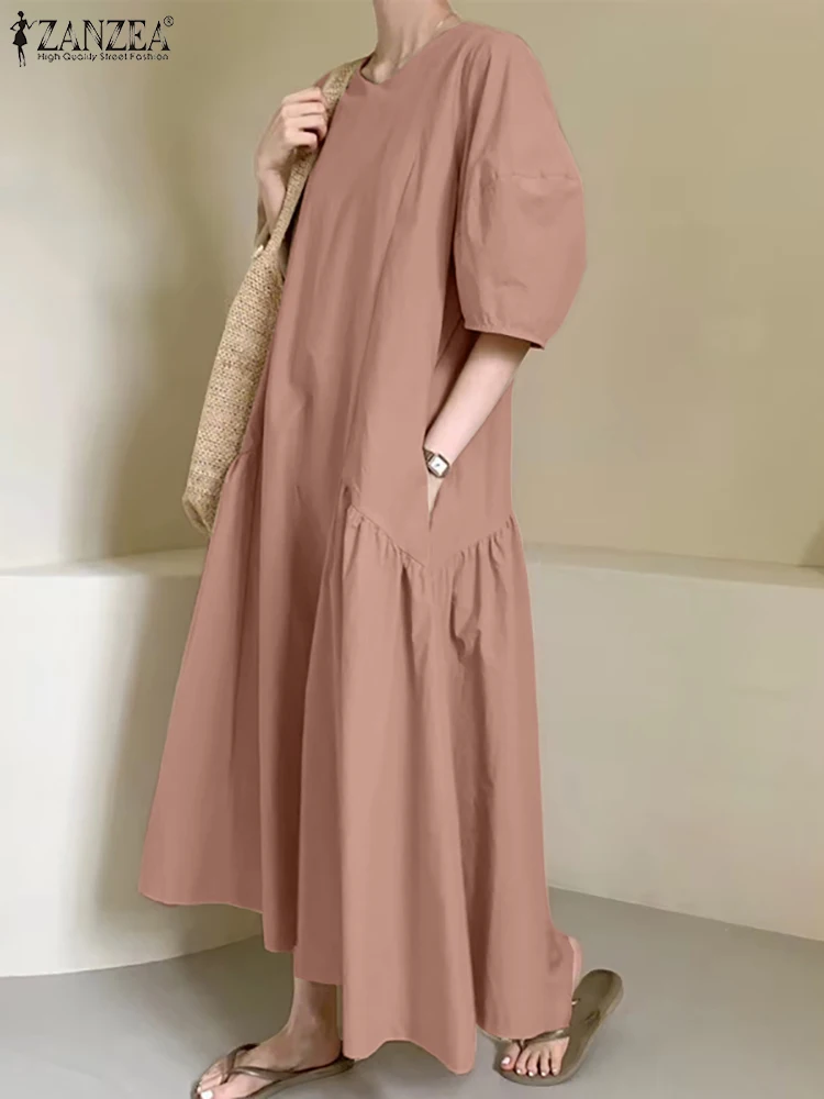 ZANZEA فساتين النساء الموضة 2025 الخريف فستان فضفاض الصلبة أنيق 3/4 فانوس كم العمل Vestidos رداء فام الصيف فستان الشمس