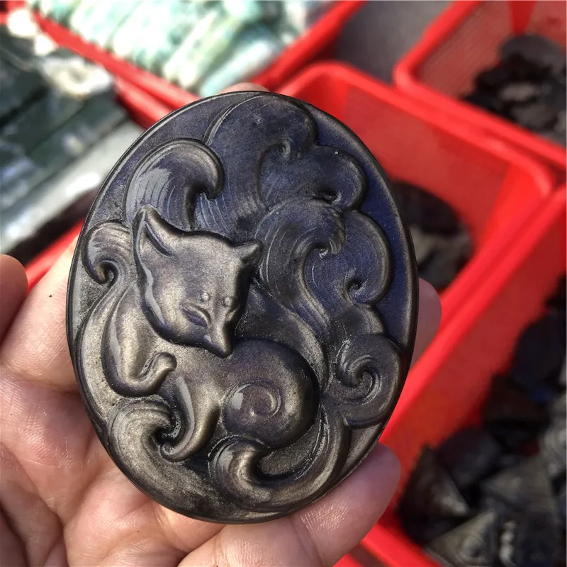 

Natural crystal sliver obsidian fox carving feng shui folk crafts healing souvenirs decoration stones