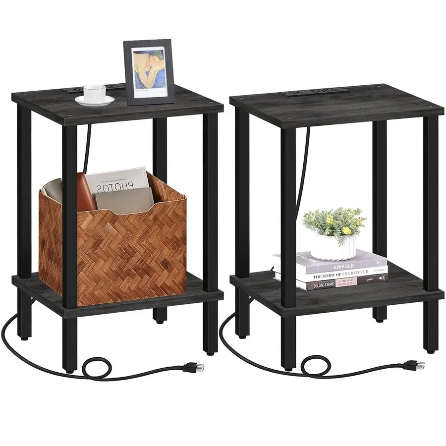 

End Table with Charging Station, Set of 2, Small Side Table, Nightstand Bedside Table, 2Tier Storage Shelf for Small Space, Livi