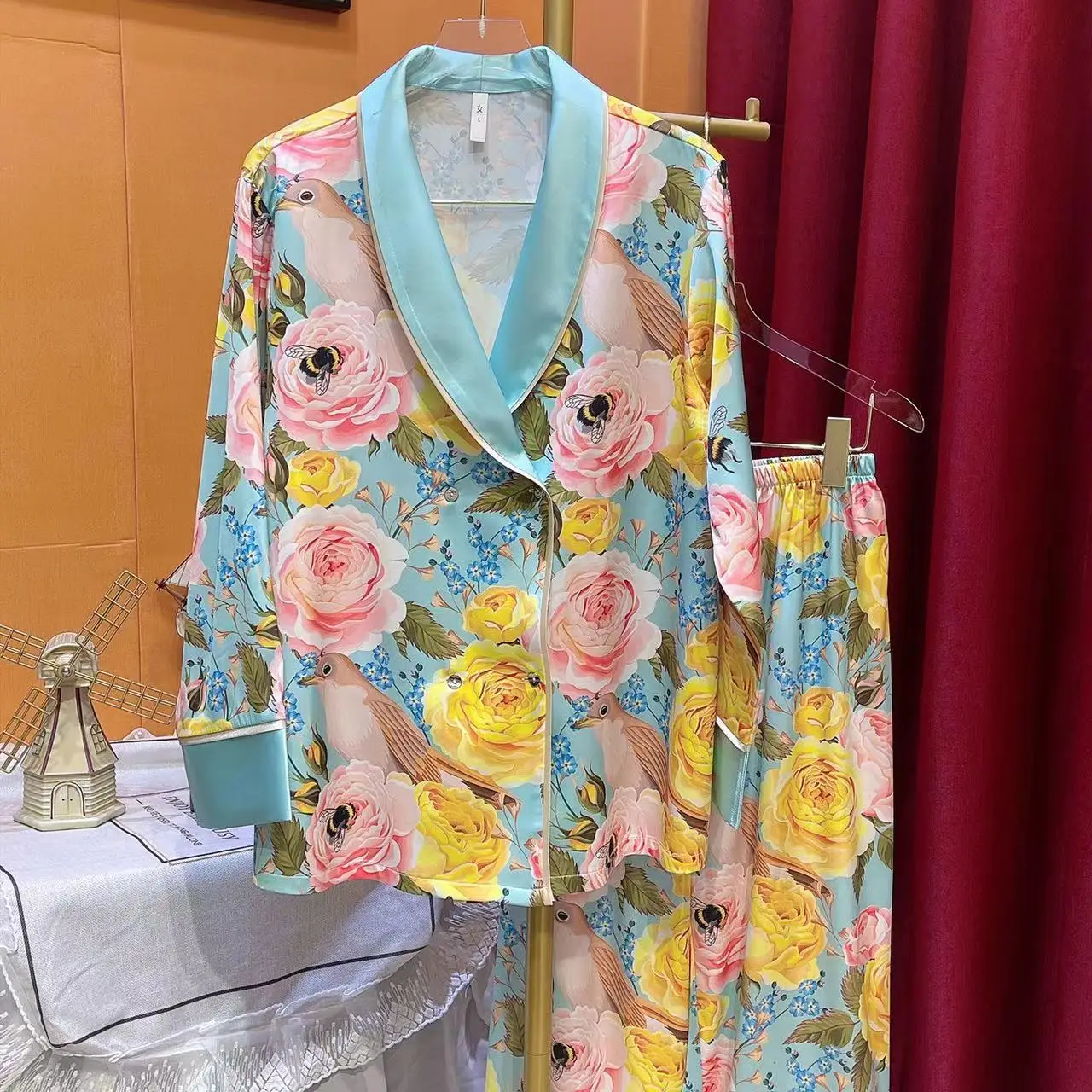 Ice Silk Pajamas for Women Satin Print Sleepwear Long Sleeve Pants 2 Pieces Set Can Be Worn Outside High-quality Home Clothes
