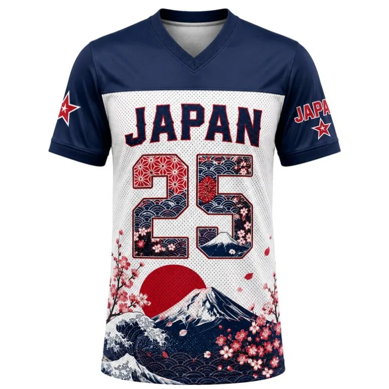 T-shirt à manches courtes et col en V imprimé en jersey avec motif vague de cerisiers du Mont Fuji japonais, impression numérique à contraste 25