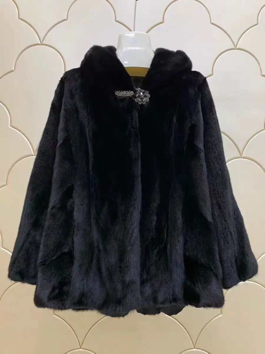 New Autumn Winter Women's Coat Mid Length Hooded Real Mink Fur Coat Loose Size Thickened Warm Women's Fur Jacket